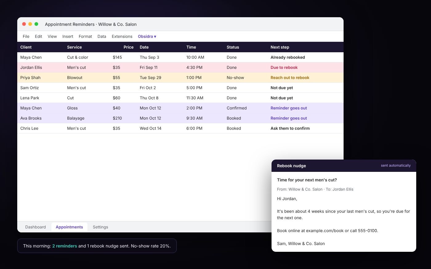 Appointment reminders that email clients the day before and nudge regulars who are due to rebook