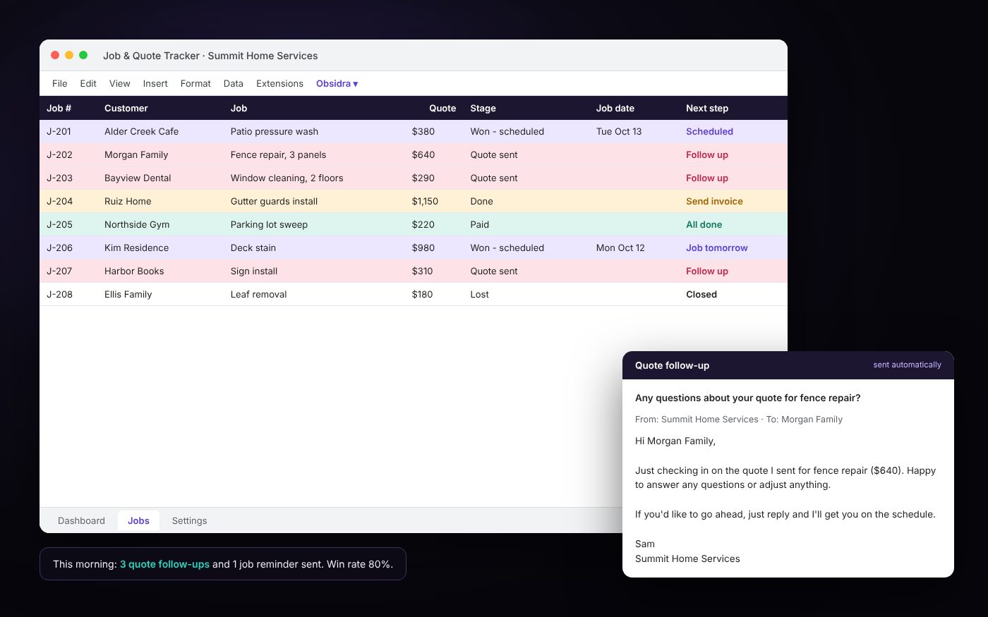 A job and quote tracker that follows up on unanswered quotes and shows the next step for every job